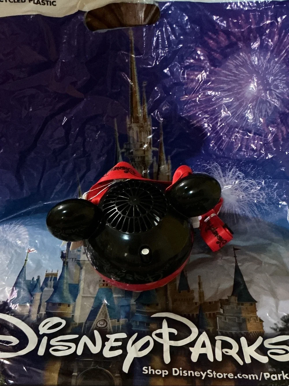 Disney Black Mickey Ear Handheld misting Fan with Red Strap nwt